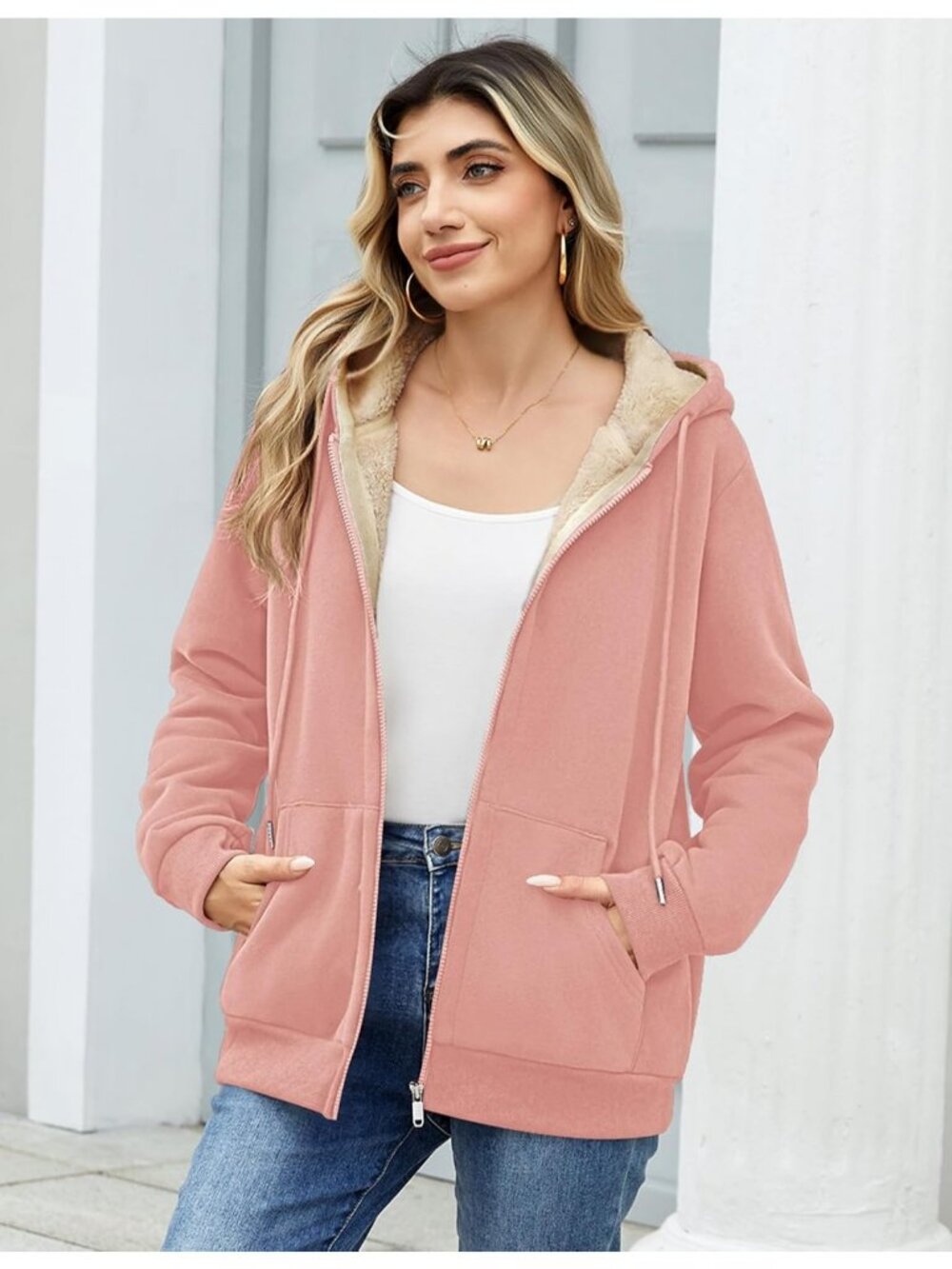 Women's Pink Fleece Lined Drawstring Hooded Kangaroo Casual Winter Jackets - Picture 4 of 6